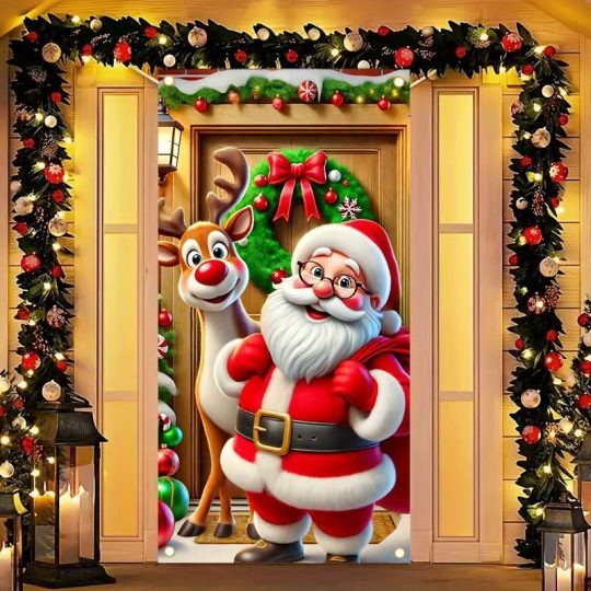 Funda Decorativa para Puerta Navideña Papá Noel y Reno en la Puerta, Decoración de Navidad